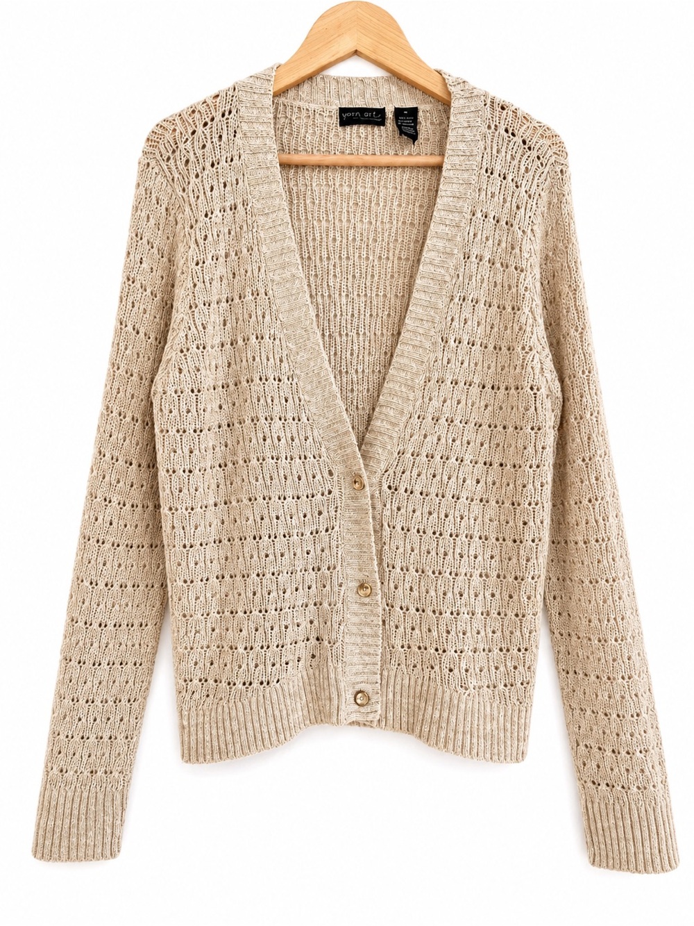 Yarn Art Y2K Open Knit Cardigan Sweater Beige Metallic Grandma boho cottage M